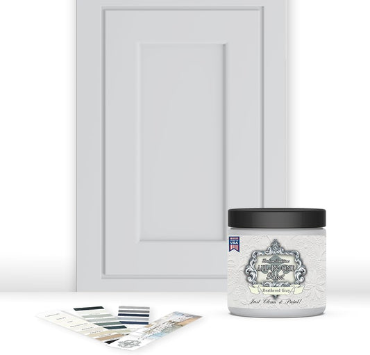 ALL-IN-ONE Paint, Durable cabinet and furniture paint. Built in primer and top coat, no sanding needed. Includes our 30 featured color card - Heathered Gray (light cool gray), 8oz Sample