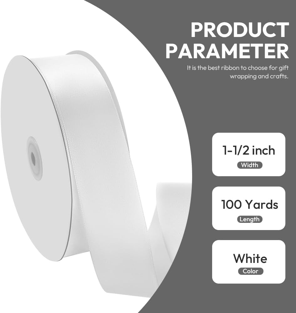 1-1/2" x 100 Yards Satin Ribbon - Wide Silk White Ribbon with Spool - Ideal for Gift Wrapping, Floral Bouquets, Crafts, Wedding Party Decorations, Christmas and Sewing Projects
