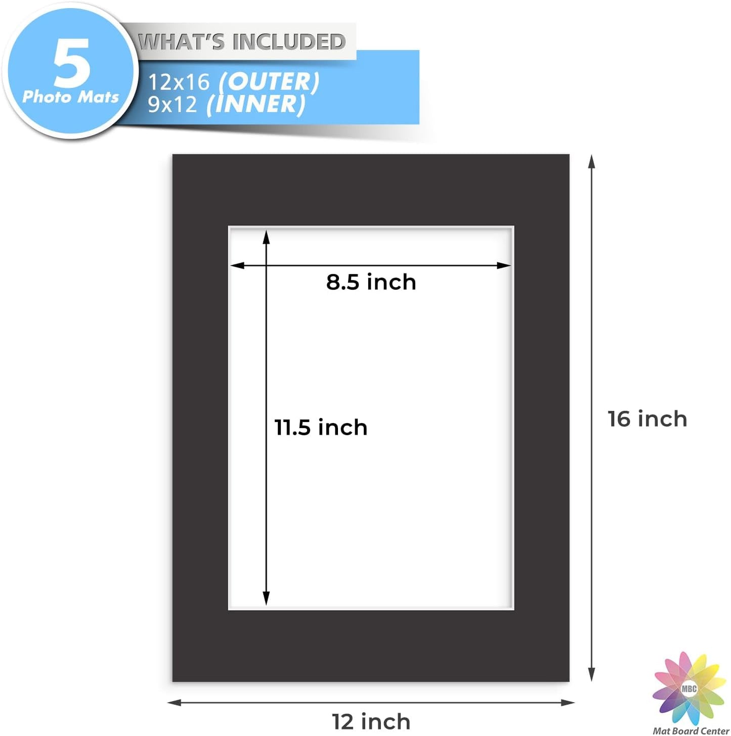 MBC Mat Board Center, 5 Pack 12x16 for 9x12 Black Picture Mats Frame Mattes, Bevel Cut, Acid Free, 4-ply Thickness