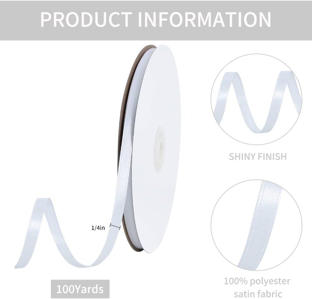 TONIFUL 1/4 Inch x 100yds White Satin Ribbon, Thin Solid Color Satin Ribbon for Gift Wrapping, Crafts, Hair Bows Making, Wedding Party Decoration, Invitation Cards, Floral Bouquets,Halloween,Christmas