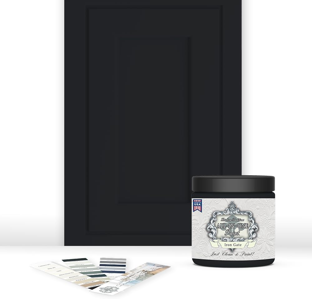 ALL-IN-ONE Paint, Durable cabinet and furniture paint. Built in primer and top coat, no sanding needed. Includes our 30 featured color card - Iron Gate (black), 8oz Sample