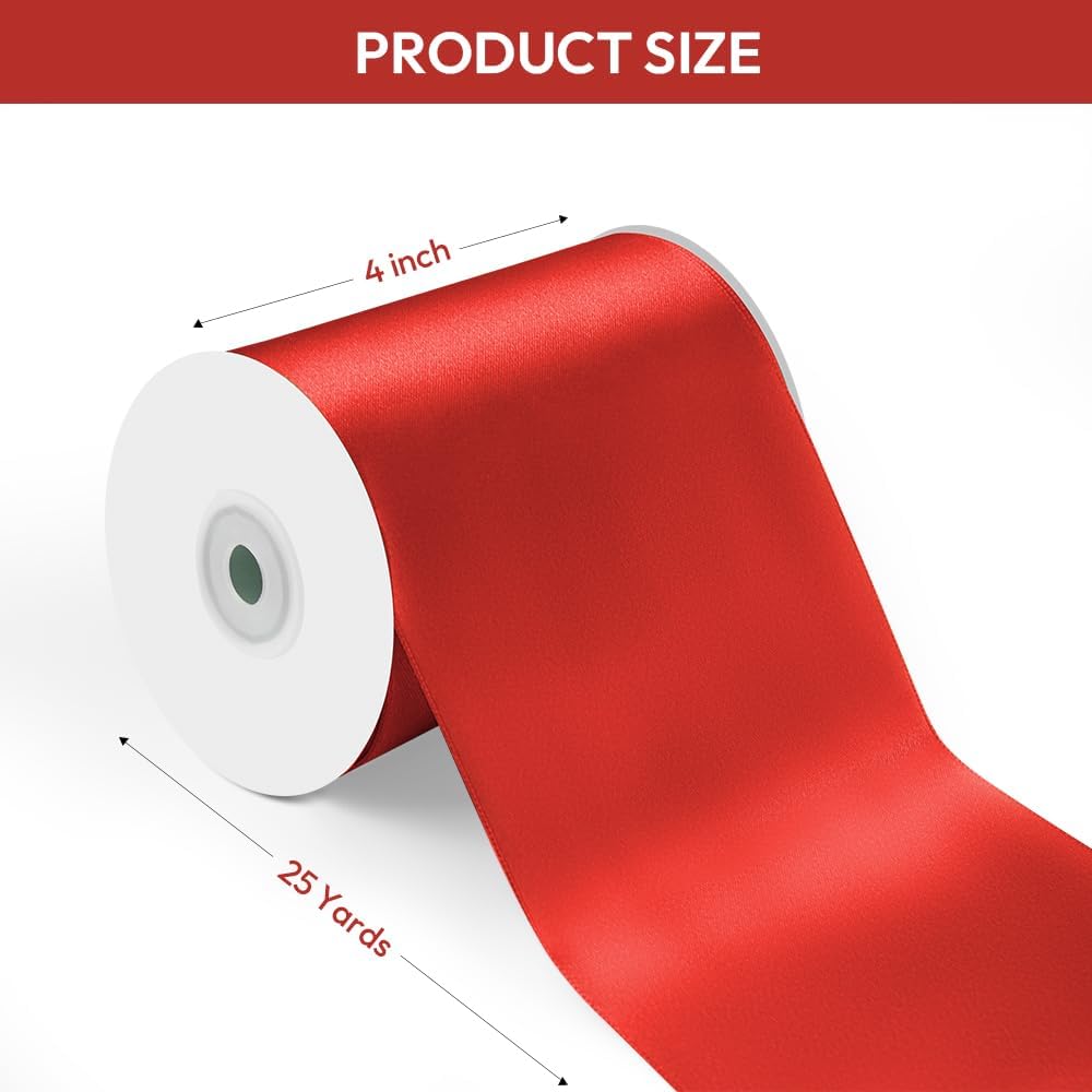 4" Width x 25 Yards Satin Fabric Ribbon, Red Ribbon Perfect for Wedding Car, Chair Sash, Grand Opening Ceremony, Big Bows, Embroidery, Floral Crafts, Party Decoration