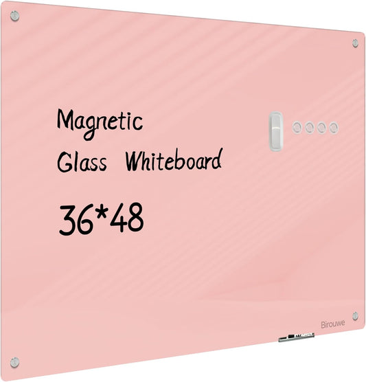 Magnetic Glass Whiteboard - Glass Dry Erase Board 48"x36" Large Frameless Glass Board for Walls Office School and Home, Pink