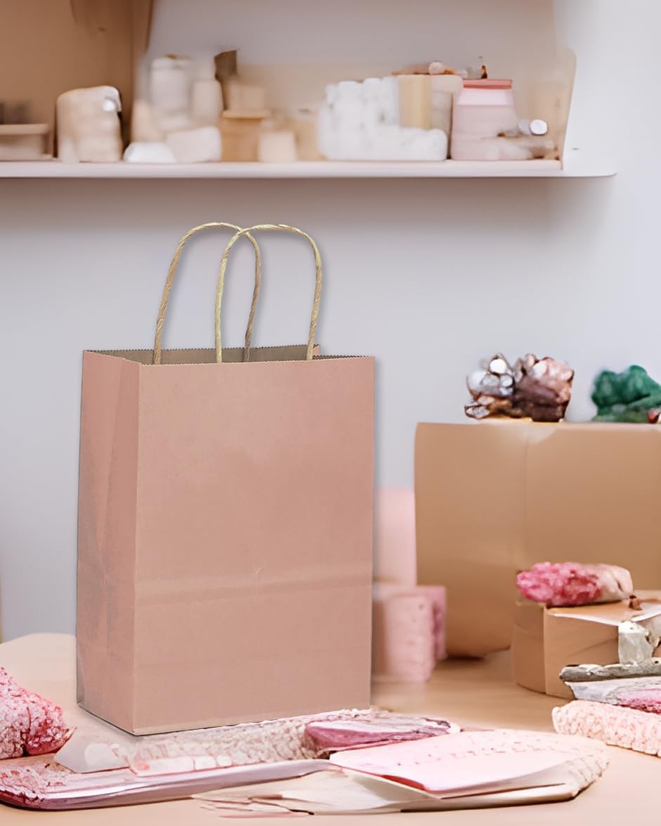 qiqee 32-Packs Cinnamon Pink Paper Gift Bags with Handles Bulk 7.6"x4.75"x10.5" Medium Size Gift Bags Multiple Uses