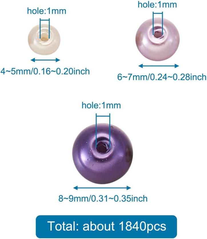 About 1840Pcs 4/6/8mm Glass Pearl Beads Pearlized Beads Multi Colors Round Spacer Beads for DIY Craft Jewelry Making Hole: 1mm, Mixed Purple&Light Yellow