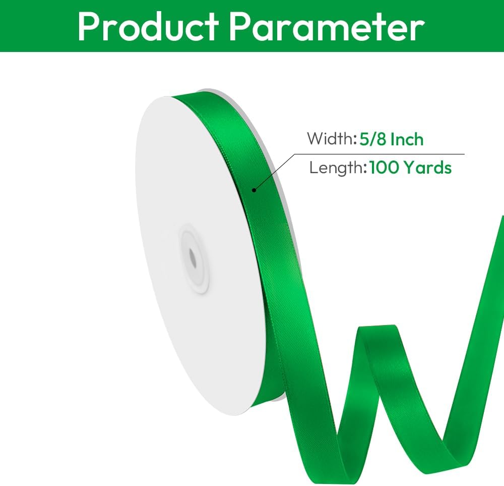 5/8" Width x 100 Yards Satin Ribbon, Green Ribbon Perfect for DIY Craft, Bows, Gift Wrapping, Flower Bouquet, Valentine's Day, Christmas and Party Decoration