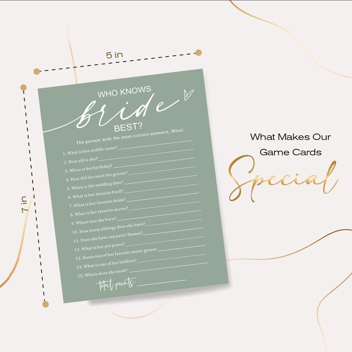 Bridal Shower Games Cards, 25 Guests, Modern, Green, Educational, Adult, Manual, English, 5 x 7 inches