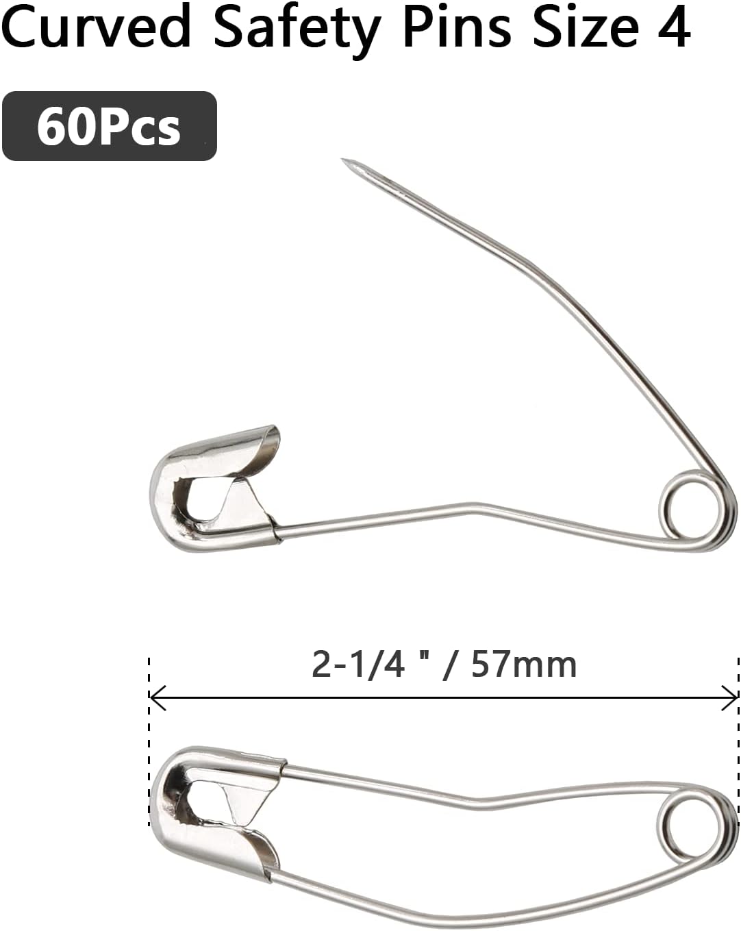 60Pcs Curved Safety Pins Size 4, 2-1/4 inch / 57mm Quilting Basting Pins, Bent Safety Pins for Quilting and Knitting (Sliver)