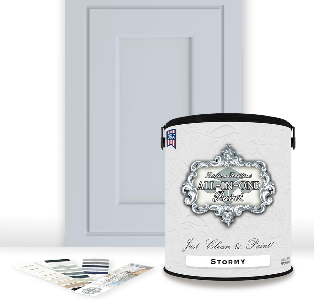 ALL-IN-ONE Paint, Durable cabinet and furniture paint. Built in primer and top coat, no sanding needed. Includes our 30 featured color card - Stormy (pastel blue), Gallon