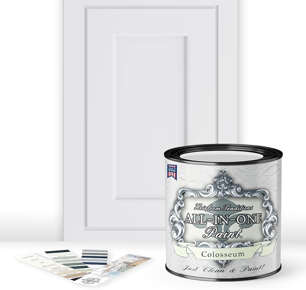 ALL-IN-ONE Paint, Durable cabinet and furniture paint. Built in primer and top coat, no sanding needed. Includes our 30 featured color card - Colosseum (white with subtle gray undertone), Quart