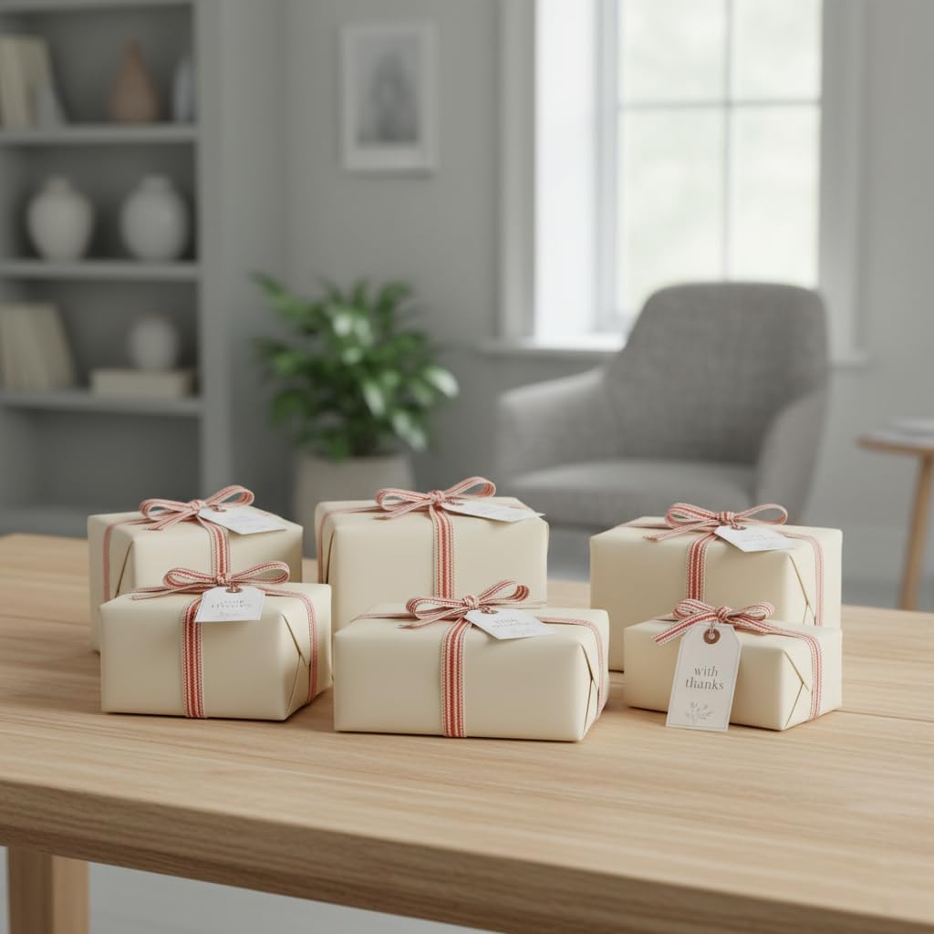 CT CRAFT LLC Ivory Cotton Red Stripes Ribbon 3/8" x 10 Yards for Home Décor Gift Present Wrapping DIY Crafts Birthday Wedding Bouquet Christmas