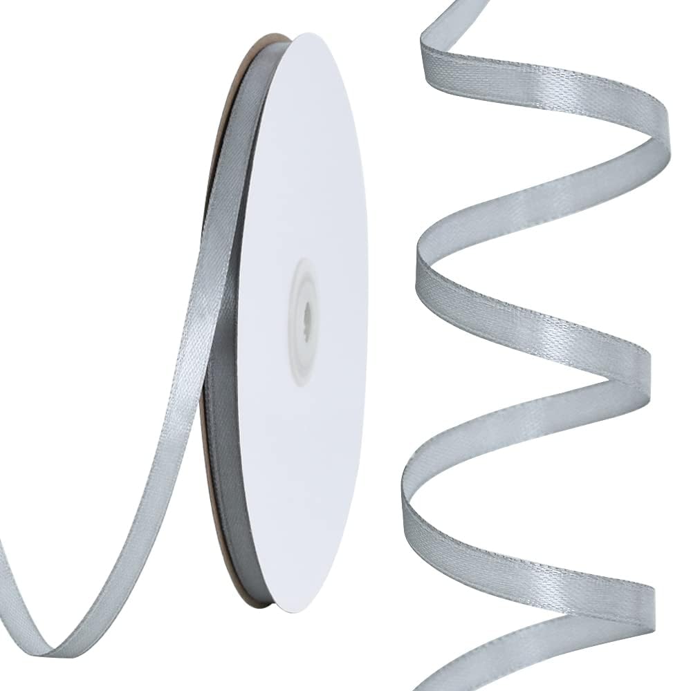 TONIFUL 1/4 Inch x 100yds Silver Satin Ribbon, Thin Solid Color Satin Ribbon for Gift Wrapping, Crafts, Hair Bows Making, Wedding Party Decoration, Invitation Cards, Floral Bouquets