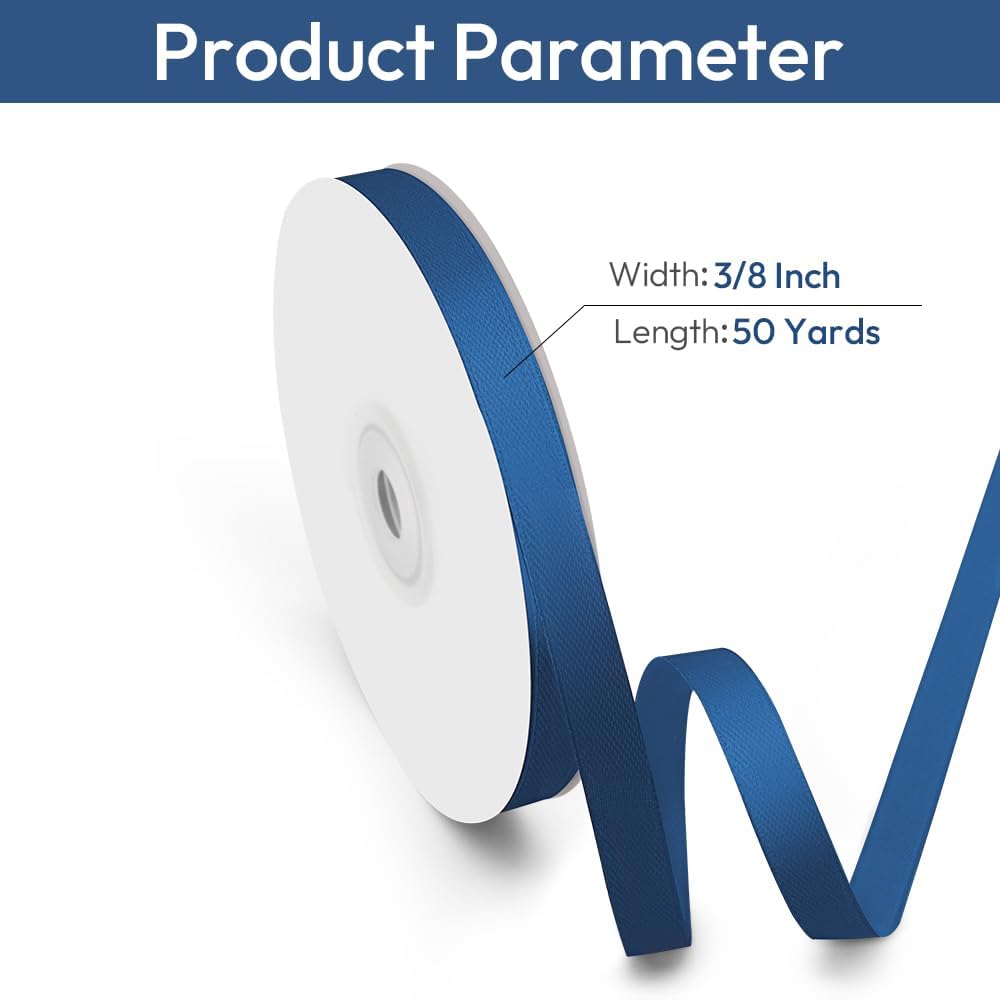 3/8" Width x 50 Yards Satin Fabric Ribbon, Navy Blue Ribbon Perfect for DIY Bows, Swags, Gift Wrapping, Craft, Flower Bouquet，Christmas and Party Decoration