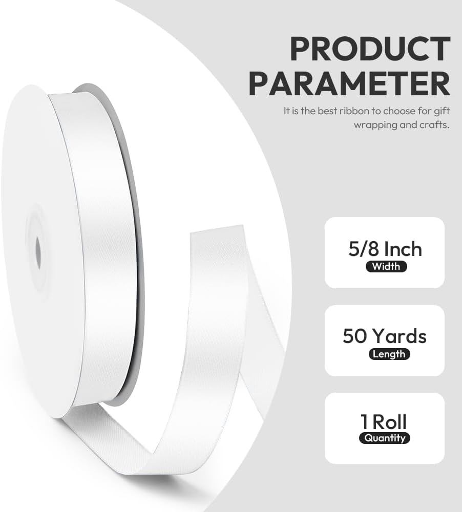 5/8" x 50 Yards Satin Ribbon - White Silk Ribbon with Spool - Ideal for Gift Wrapping, Floral Bouquets, Crafts, Wedding Party Decorations, Christmas and Sewing Projects
