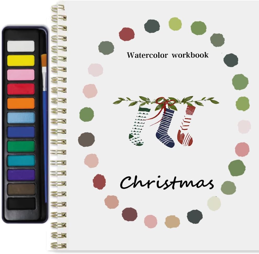 Beginner Watercolor Painting Kit Watercolor Workbook Coloring Book 12 Colors Paint Set with Brush,Easy Nature Scenes Beginner Friendly Watercolor Paint Set Gift for Adults Teens. (Christmas)
