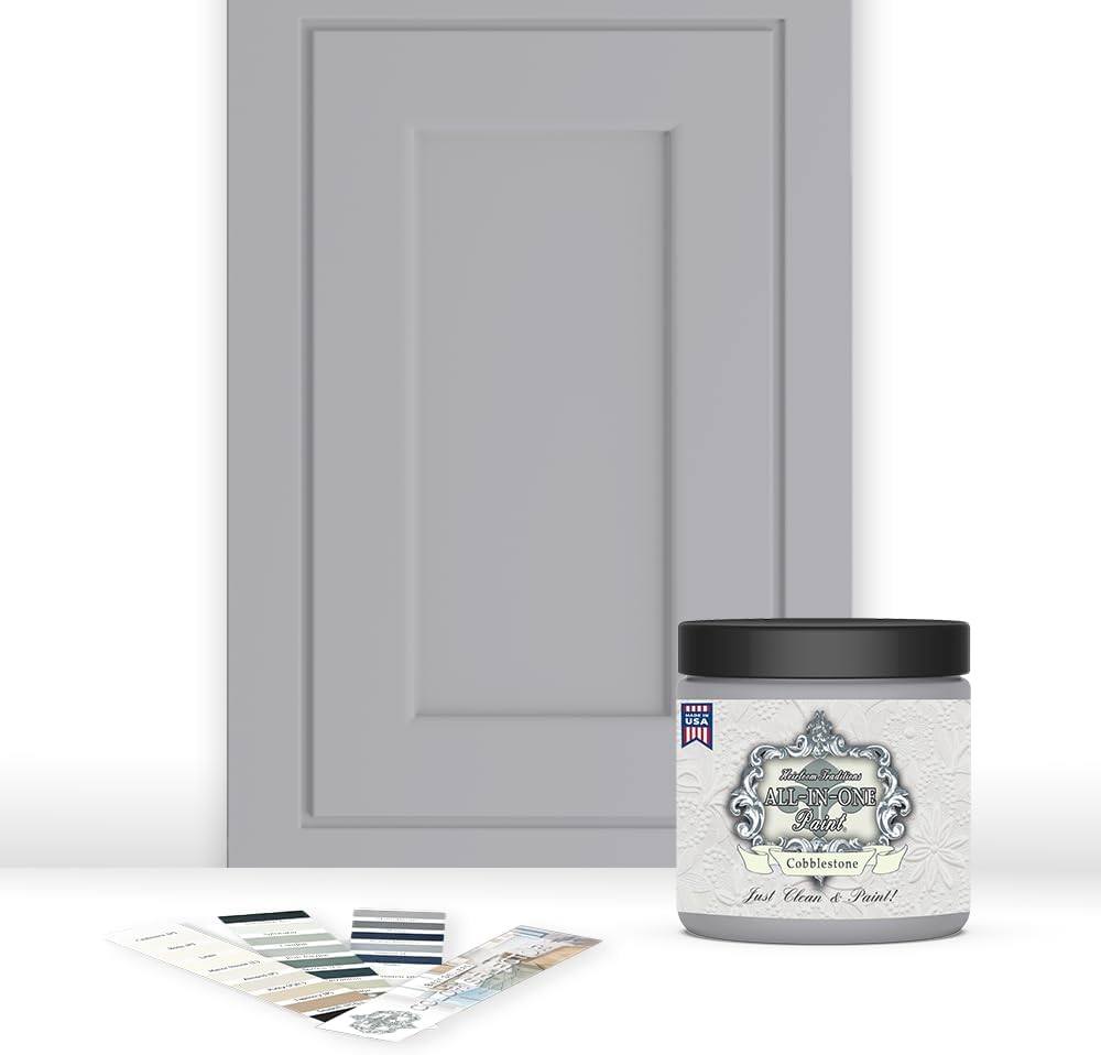 ALL-IN-ONE Paint, Durable cabinet and furniture paint. Built in primer and top coat, no sanding needed. Includes our 30 featured color card - Cobblestone (gray), 8oz Sample