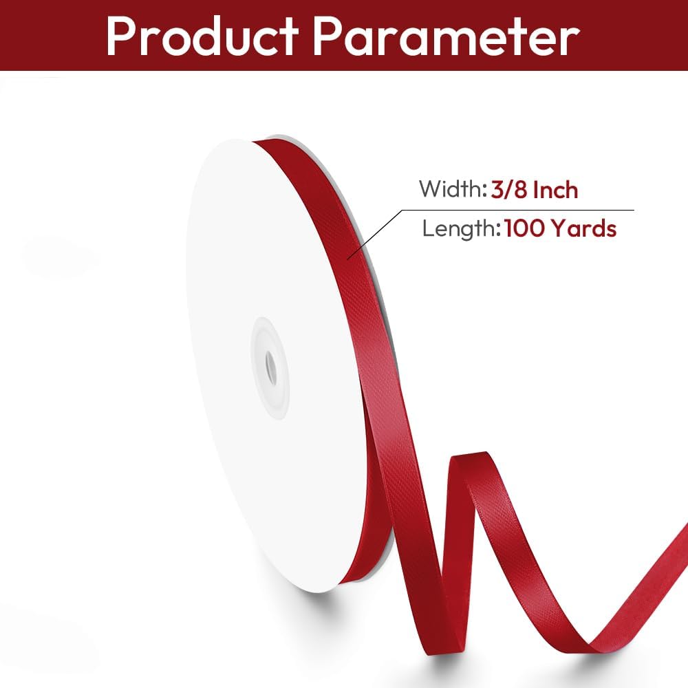 3/8" Width x 100 Yards Satin Ribbon, Small Scarlet Ribbon Perfect for DIY Craft, Bows, Gift Wrapping, Flower Bouquet, Valentine's Day, Christmas and Party Decoration