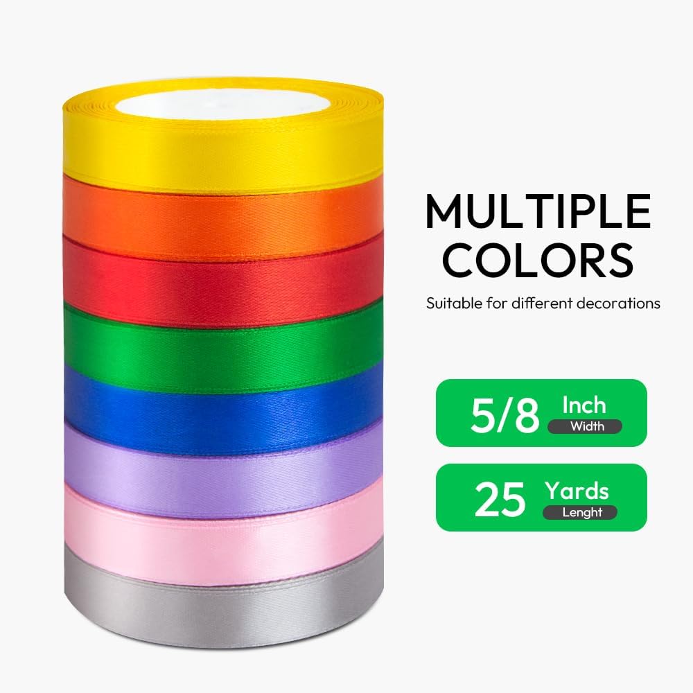 Golden Ribbon 5/8 Inches x 25 Yards, Golden Satin Fabric Silk Ribbon for Gift Wrapping, Bows Making, Floral Bouquets, Wreaths, DIY Handicrafts, Sewing Projects, Baby Shower and Wedding Party