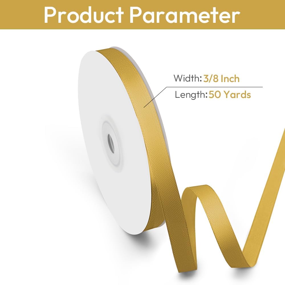 3/8" Width x 50 Yards Satin Fabric Ribbon, Gold Ribbon Perfect for DIY Bows, Swags, Gift Wrapping, Craft, Flower Bouquet，Christmas and Party Decoration