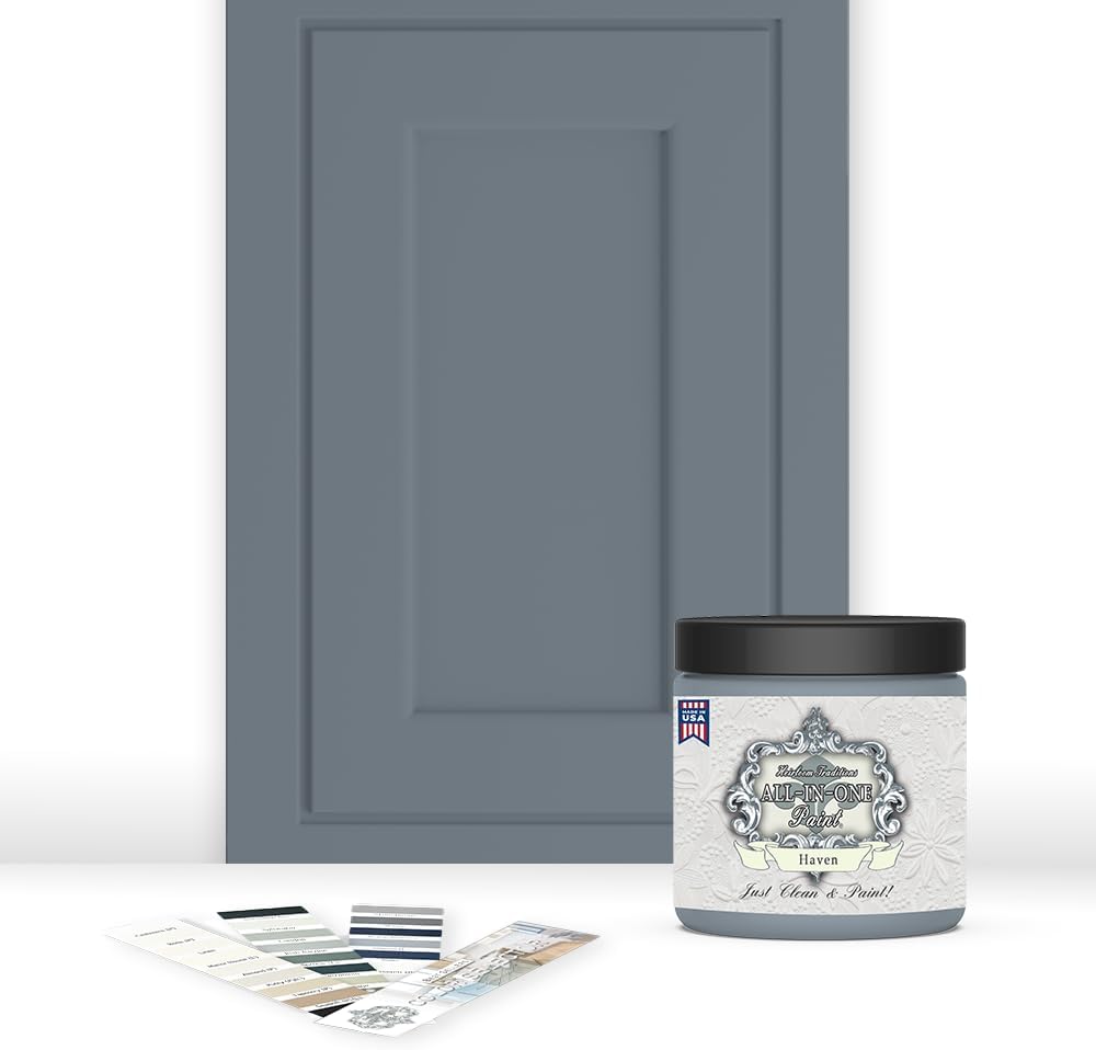 ALL-IN-ONE Paint, Durable cabinet and furniture paint. Built in primer and top coat, no sanding needed. Includes our 30 featured color card - Haven (heathered, muted blue), 8oz Sample