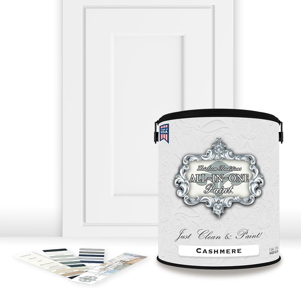 ALL-IN-ONE Paint, Durable cabinet and furniture paint. Built in primer and top coat, no sanding needed. Includes our 30 featured color card - Cashmere (true white), Gallon