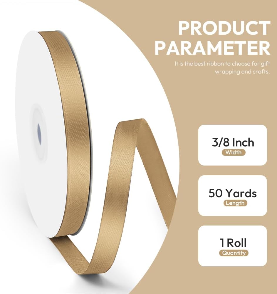 3/8" x 50 Yards Satin Ribbon - Champagne Gold Silk Ribbon with Spool - Ideal for Gift Wrapping, Floral Bouquets, Crafts, Wedding Party Decorations, Christmas and Sewing Projects