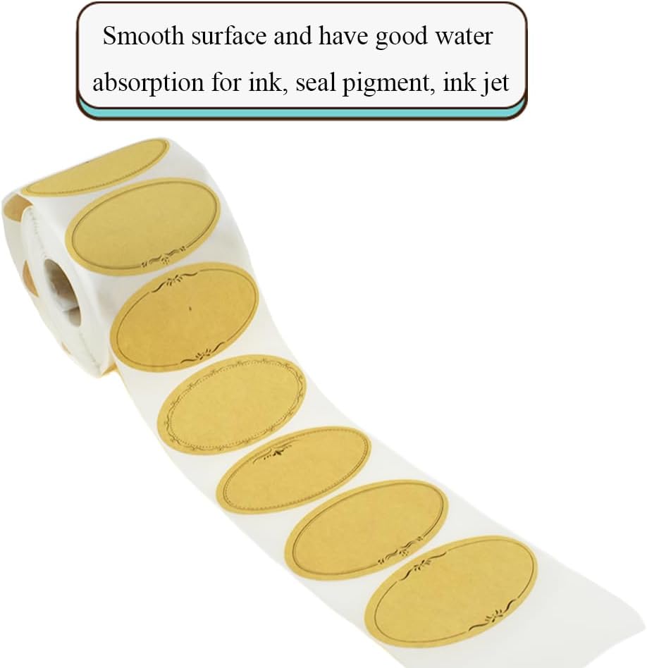 HAHIYO 1.4 * 2.5In 500P Oval Brown Kraft Stickers with Artistic Border - 4 Unique Styles Blank Kraft Labels Roll to Write On Durable Dot Stickers for Jar Canning Labels Price Tags Store Organizing