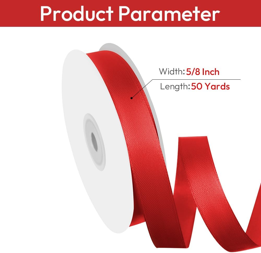5/8" Width x 50 Yards Satin Fabric Ribbon, Red Ribbon Perfect for DIY Bows, Swags, Gift Wrapping, Craft, Flower Bouquet, Christmas and Party Decoration