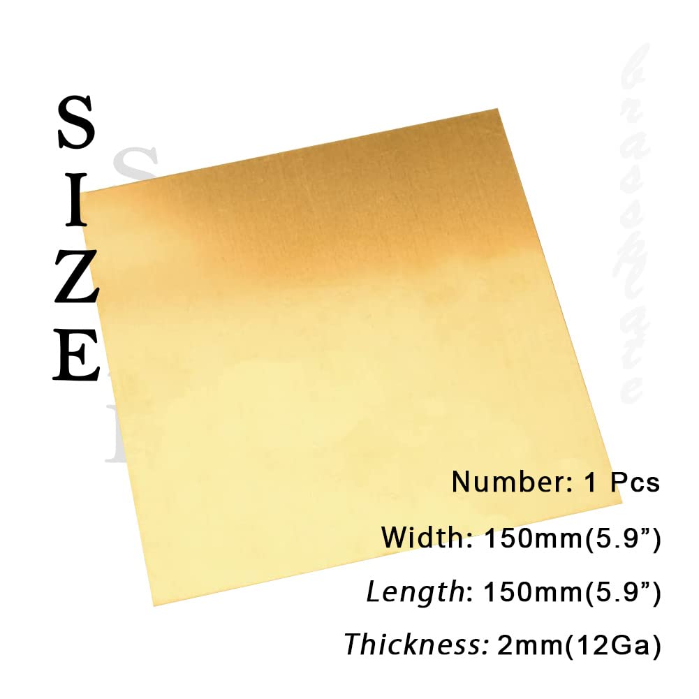 12 Gauge Brass Sheet，H62 Brass Plates Metal 0.079" Thickness x 5.9" Width x 5.9" Lenght, for Models, Crafts, Repairs, Electrical, 1Pcs