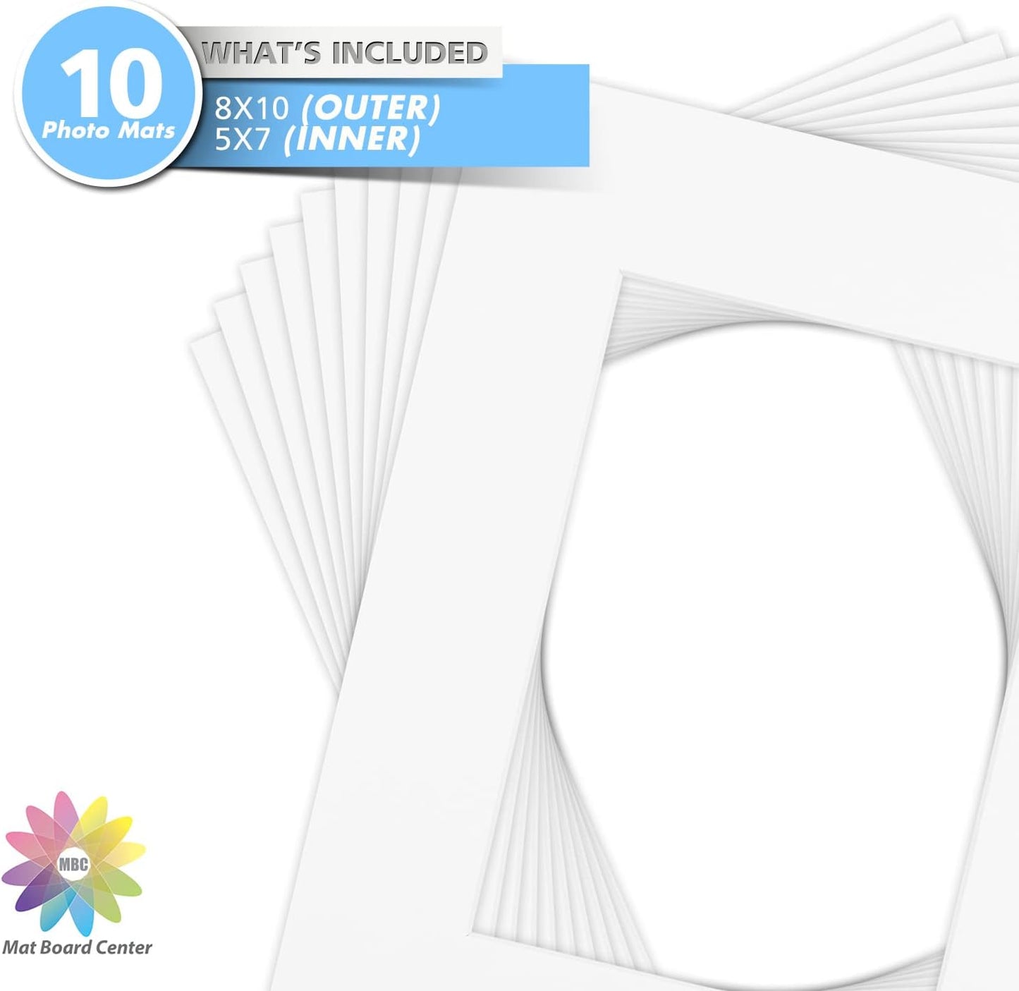 Mat Board Center, Pack of 10, 8x10 for 5x7 Off White Color Mats - Bevel Cut, Acid Free, 4-ply Thickness, White Core - for Pictures, Photos, Framing