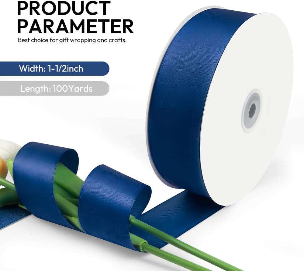 1-1/2 Inch 100 Yards Satin Ribbon Dark Blue, Solid Color Fabric Ribbon for Gift Wrapping, Wedding, Polyester Gift Ribbon for Birthday Party Decoration, Craft, Hair, Floral, Sewing