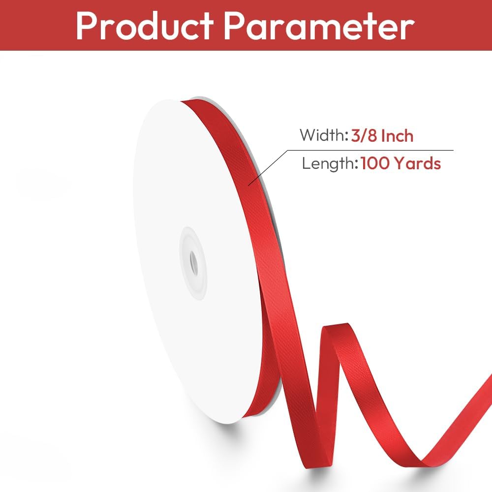 3/8" Width x 100 Yards Satin Ribbon, Small Red Ribbon Perfect for DIY Craft, Bows, Gift Wrapping, Flower Bouquet, Valentine's Day, Christmas and Party Decoration