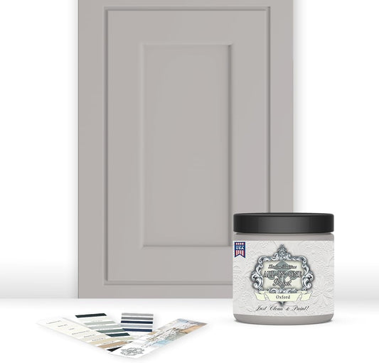 ALL-IN-ONE Paint, Durable cabinet and furniture paint. Built in primer and top coat, no sanding needed. Includes our 30 featured color card - Oxford (neutral gray), 8oz Sample