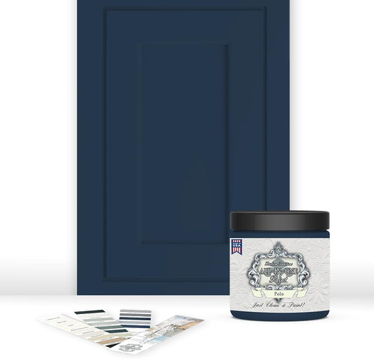 ALL-IN-ONE Paint, Durable cabinet and furniture paint. Built in primer and top coat, no sanding needed. Includes our 30 featured color card - Polo (dark navy), 8oz Sample