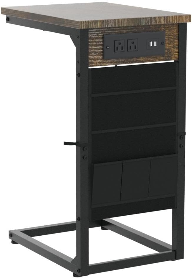 AMHANCIBLE C Shaped End Table with Charging Station, TV Tray Set of 2, Couch Tables with Storage Bag, Slide Under Sofa Side Table with USB Ports and Outlets for Living Room, Rustic Brown HET04CBR