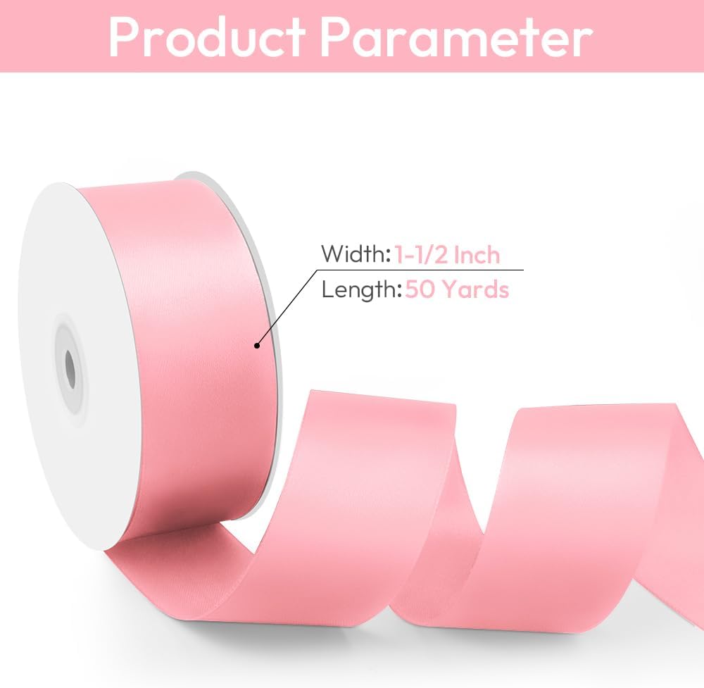 1-1/2" Width x 50 Yards Satin Fabric Ribbon, Light Pink Ribbon Perfect for DIY Bows, Swags, Gift Wrapping, Craft, Flower Bouquet，Christmas and Party Decoration