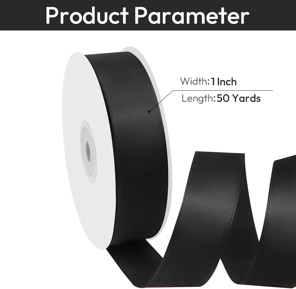 1" Width x 50 Yards Satin Fabric Ribbon, Black Ribbon Perfect for DIY Bows, Swags, Gift Wrapping, Craft, Flower Bouquet，Christmas and Halloween Party Decoration