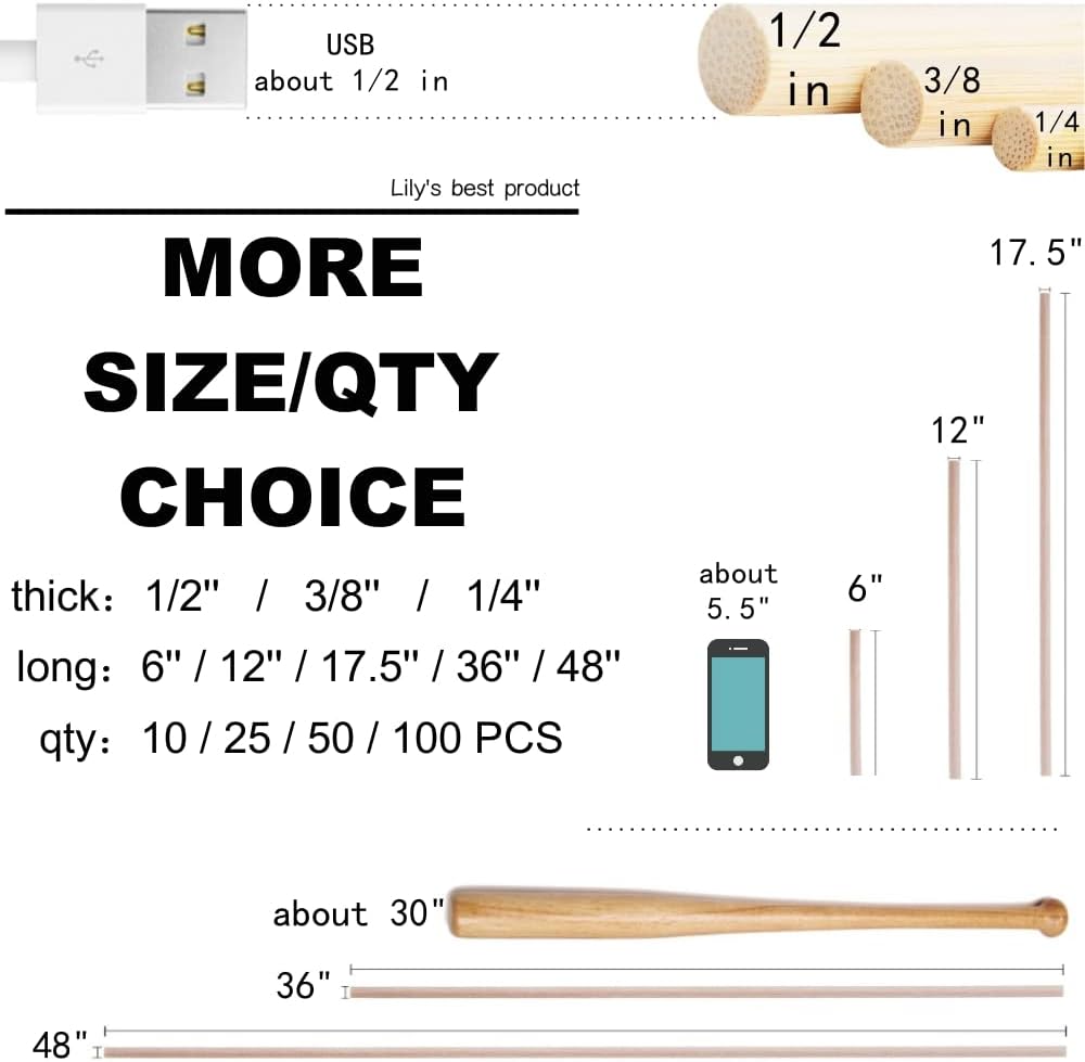 HOPELF 100 Pcs Bamboo Dowels - 1/2 in x 17.5 in Set for Crafts & DIY Projects