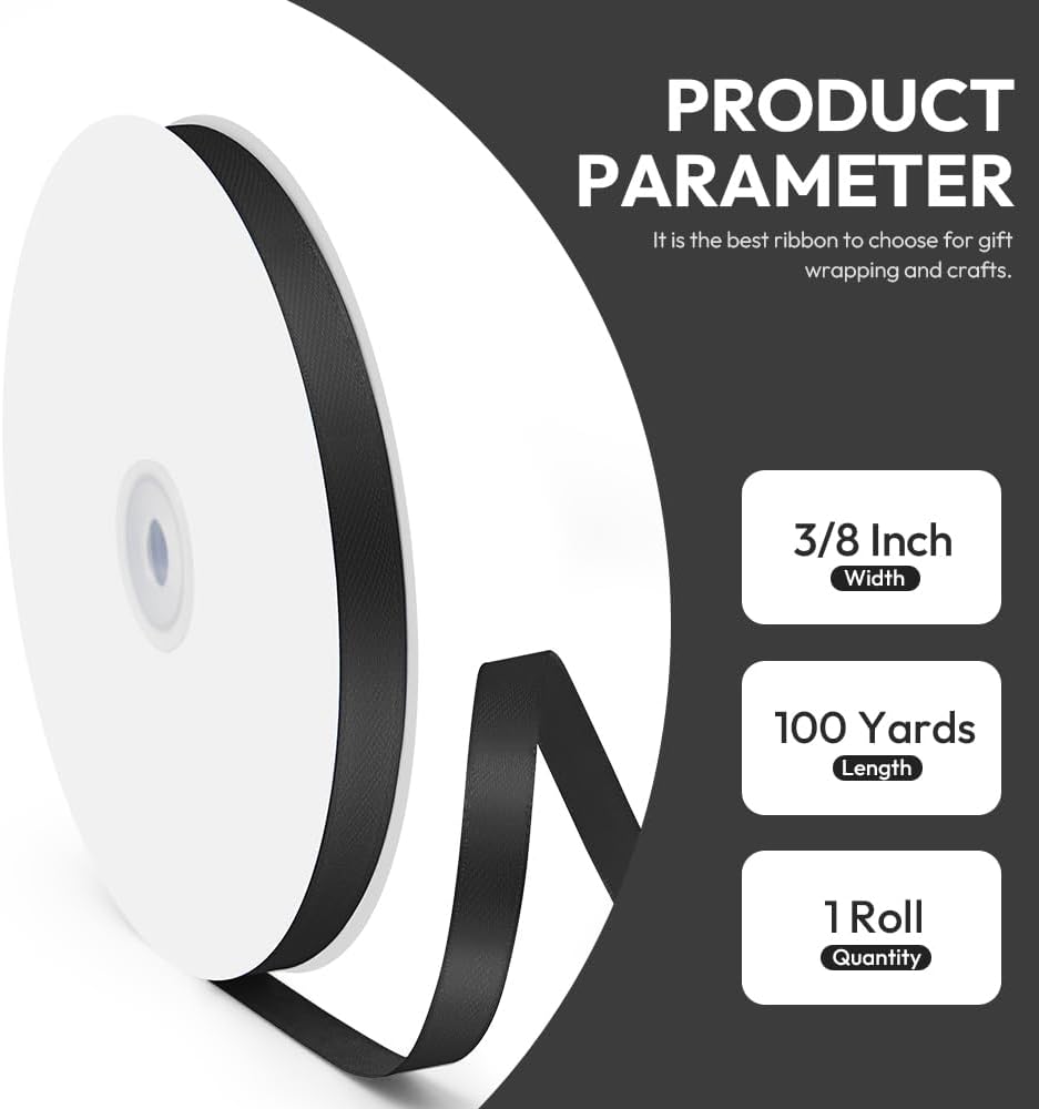 Satin Ribbon, 3/8" x 100 Yards, Black, Gift Bow, Silk, for Gift Wrapping, Flower Bouquets, Crafts, Wedding Decorations, Indoor/Outdoor