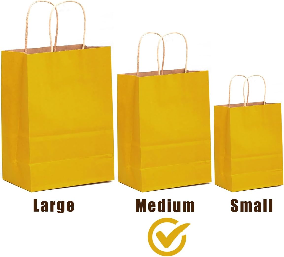 qiqee 32-Packs Yellow Paper Gift Bags with Handles Bulk 7.6"x4.75"x10.5" Medium Size Gift Bags Multiple Uses