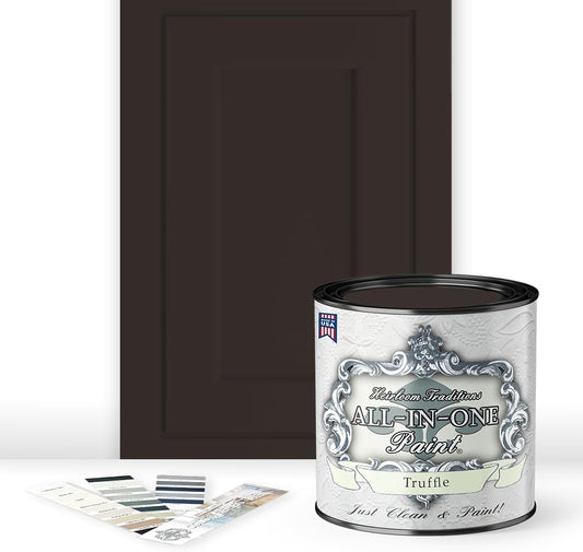 ALL-IN-ONE Paint, Durable cabinet and furniture paint. Built in primer and top coat, no sanding needed. Includes our 30 featured color card - Truffle (warm, dark brown), Quart
