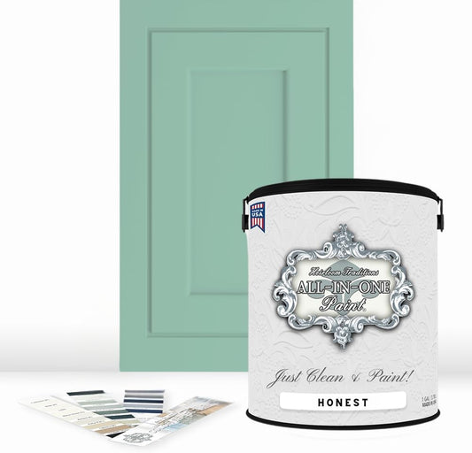 ALL-IN-ONE Paint, Durable cabinet and furniture paint. Built in primer and top coat, no sanding needed. Includes our 30 featured color card - Honest (mint green), Gallon