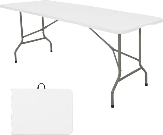 HAISIWLKJ Folding Table 8 FT Camping Table Portable Heavy Duty Plastic Rectangular Outdoor Dining Table Steel Legs Fold-in-Half with Carrying Handle for Indoor,Picnic,Party,Wedding,Events(White)