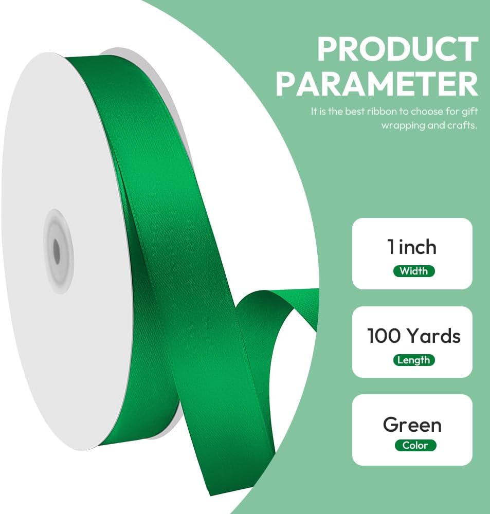 1" x 100 Yards Satin Ribbon - Green Silk Ribbon with Spool - Ideal for Gift Wrapping, Floral Bouquets, Crafts, Wedding Party Decorations, Christmas and Sewing Projects