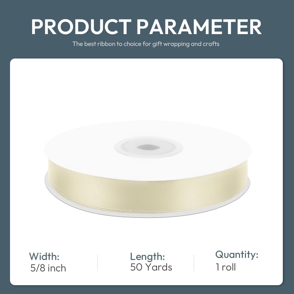 KMER LIFE 5/8" Wide x 50 Yards Ivory Single Faced Polyester Satin Ribbon - Perfect for Wedding Decor, Wreaths, Crafts, Gift Wrapping & Other Projects