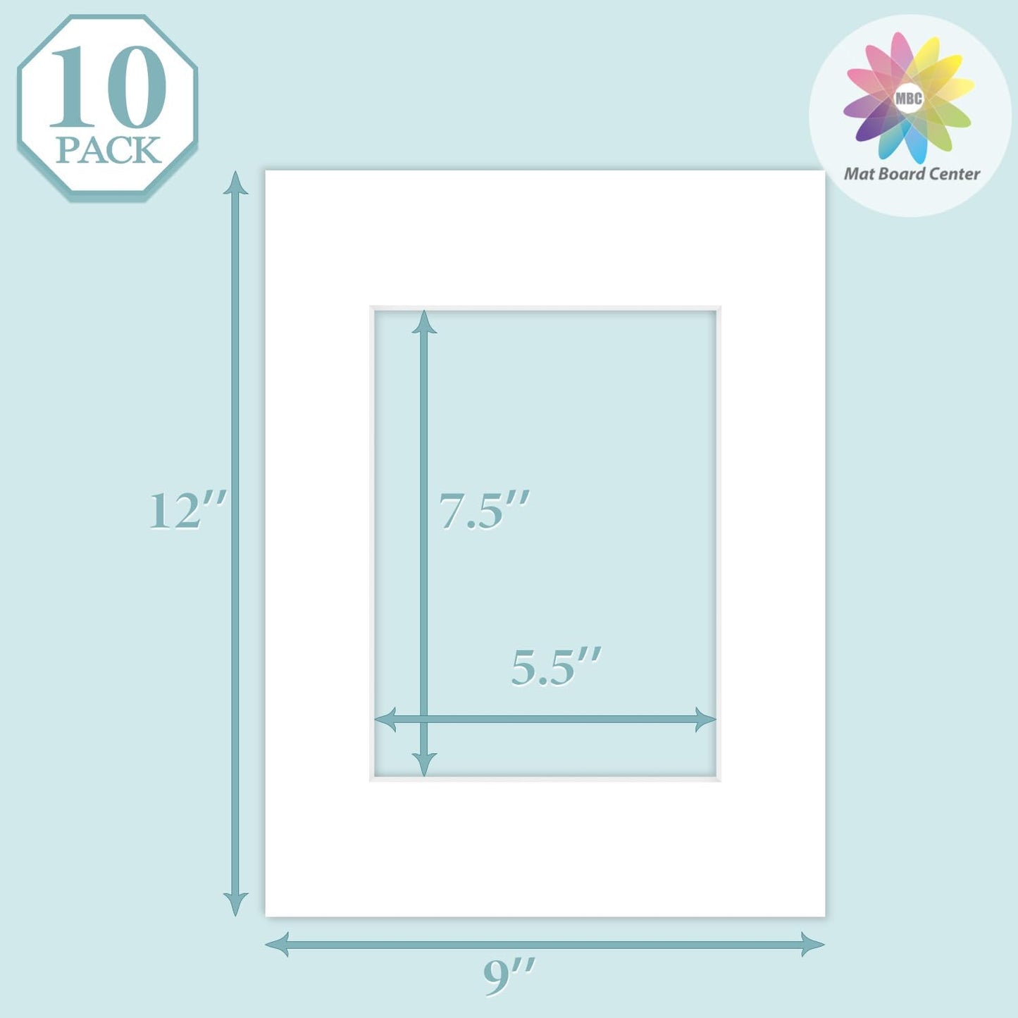 MBC Mat Board Center, 10 Pack 9X12 for 6X8 White Picture Mats Frame Mattes, Bevel Cut, Acid Free, 4-Ply Thickness
