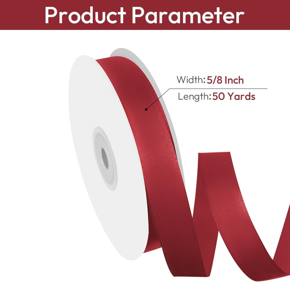 5/8" Width x 50 Yards Satin Fabric Ribbon, Burgundy Ribbon Perfect for DIY Bows, Swags, Gift Wrapping, Craft, Flower Bouquet, Christmas and Party Decoration