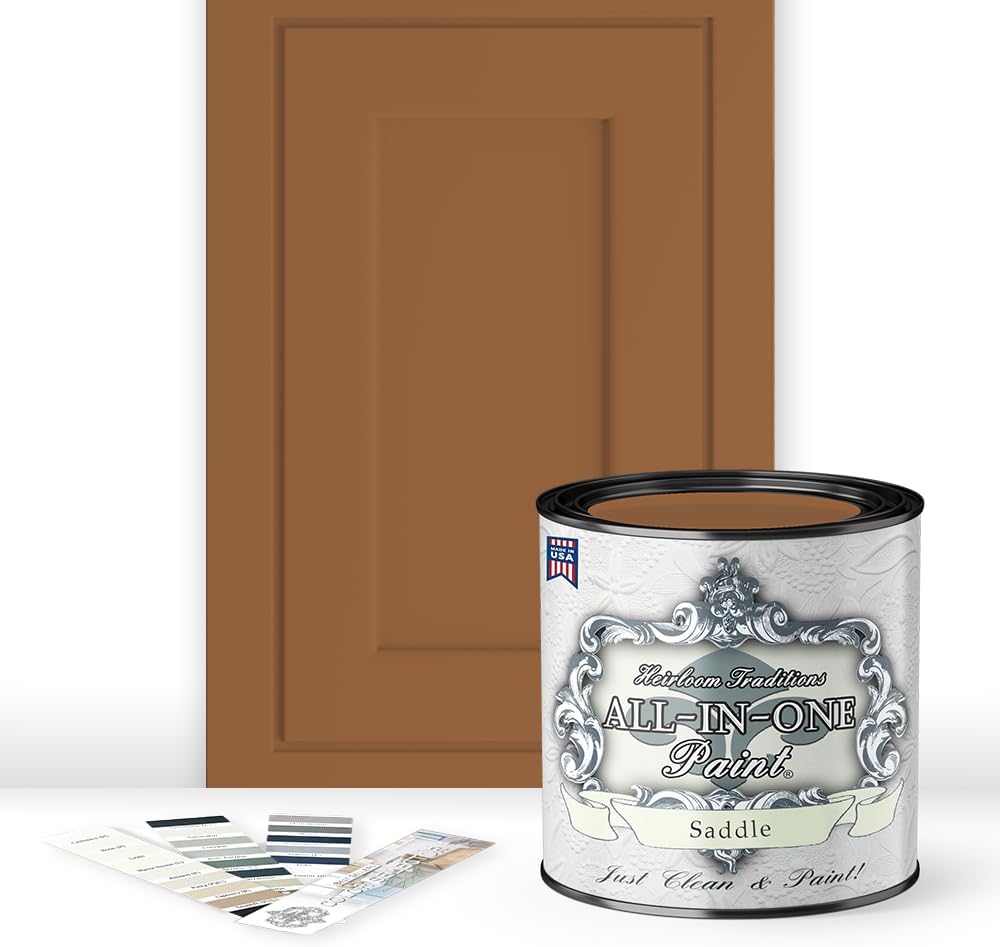 ALL-IN-ONE Paint, Durable cabinet and furniture paint. Built in primer and top coat, no sanding needed. Includes our 30 featured color card - Saddle (caramel brown), Quart