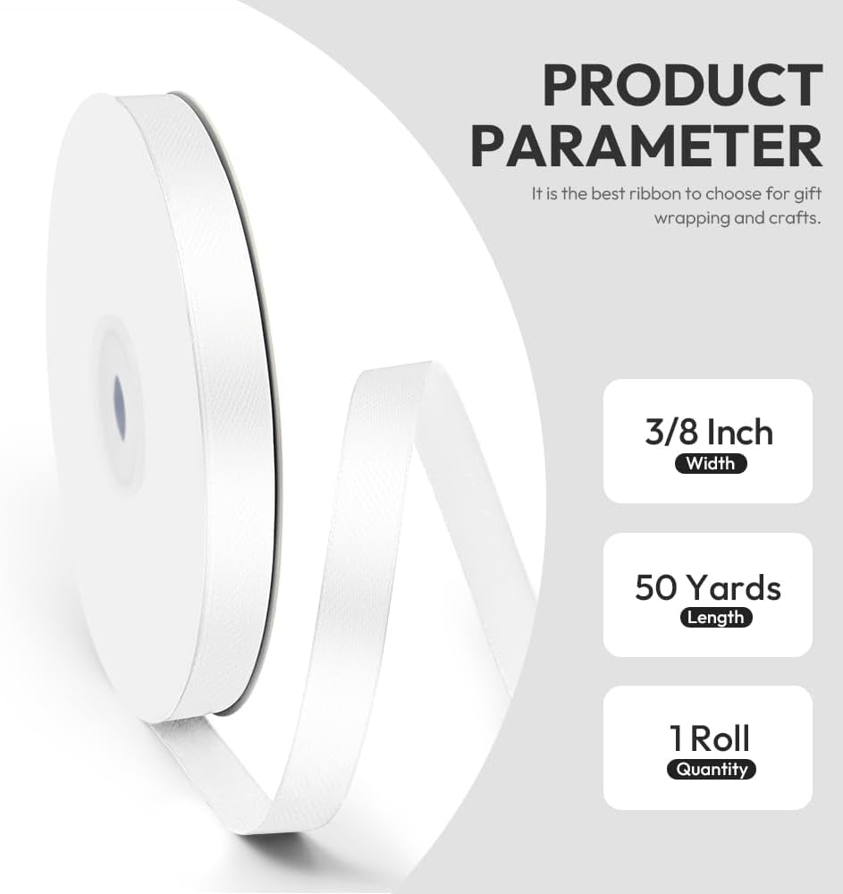 3/8" x 50 Yards Satin Ribbon - White Silk Ribbon with Spool - Ideal for Gift Wrapping, Floral Bouquets, Crafts, Wedding Party Decorations, Christmas and Sewing Projects