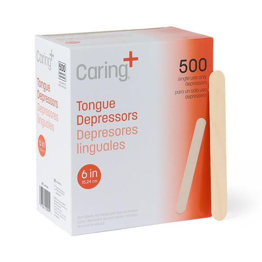 Caring Wood Tongue Depressors, Standard 6 Inch Length, Non-Sterile, High-Quality Wood, Unflavored, Splinter-Free, Versatile for Medical, Beauty, Arts, Crafts, and More - 500 Count Box